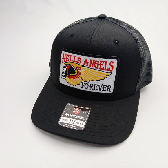 Hells Angels Richardson 112 Black Trucker Cap with Embroidered Patch Hat - Picture 3 of 4